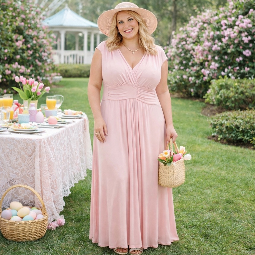 RESERVED IMAN Blush Pink Maxi Dress Plus Size 1X Short Empire Waist Flowy - Picture 6 of 16